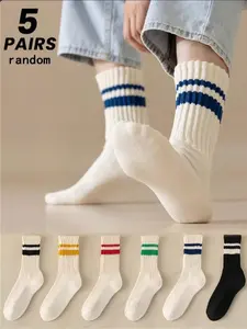 1 pair/5 pairs random men's crew socks, moisture-wicking and sweat-absorbing, with stripe and letter patterns, street style, suitable for daily wear