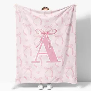 Single-sided Printing Customized Blanket Coquette Pink Bow Throw Blanket Personalized Initial A Soft Fluffy Cozy Flannel Blanket Monogrammed Gifts For Daughter Women Teen Girls For Bedding Bedroom Office