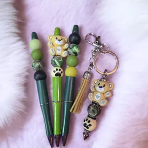 Army Camo Bear 3 Pens and Keychain Set with Beaded Design and Tassel Accessory
