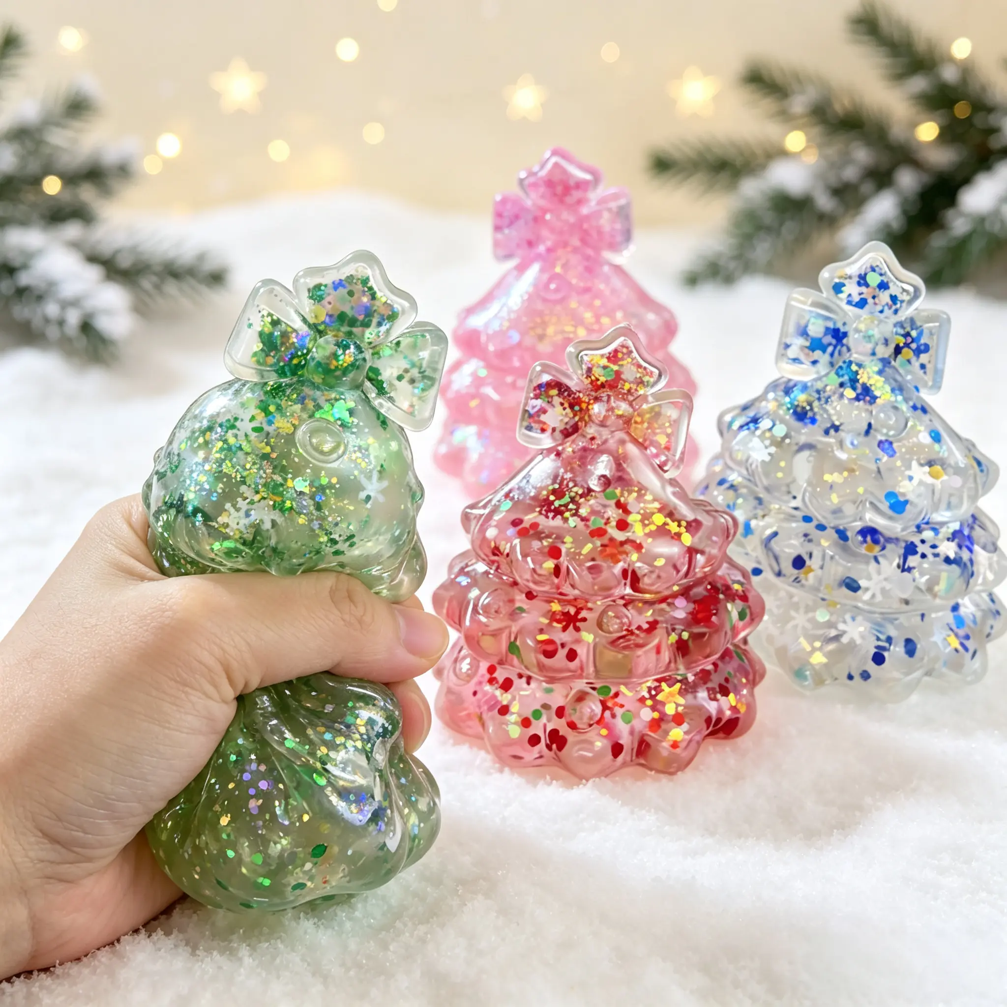[Sugar Christmas Tree Suiqshy] Glitter 4Colors Soft Stress Relief Squishies Handmade DIY Stress Ball Toy for Gifts