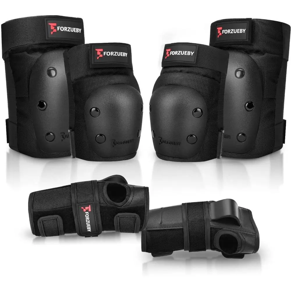 6-in-1 Adjustable Nylon Protective Gear Set for Children (33-64lbs,64-75lbs,75-155lbs) & Adults (155-220Lbs) - Small/Large Knee Pads, Elbow Pads, Wrist Guards for Scootering, Cycling, Breathable, Stretch Fit, PP Shell, Velcro Strips