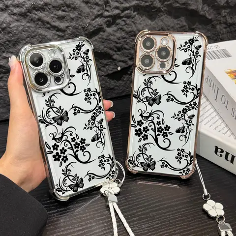 Elegant Floral Vines Pattern 4-Corner Anti-Fall Phone Casing-Transparent Non-Yellowing Shockproof Soft Silicone Cellphone Protector Accessories for iPhone 18Pro Max,17Air,16Plus,15,14,13,12,11,XR,XS & Galaxy S25,S24,S23,S22, Gift for Girls.JL40
