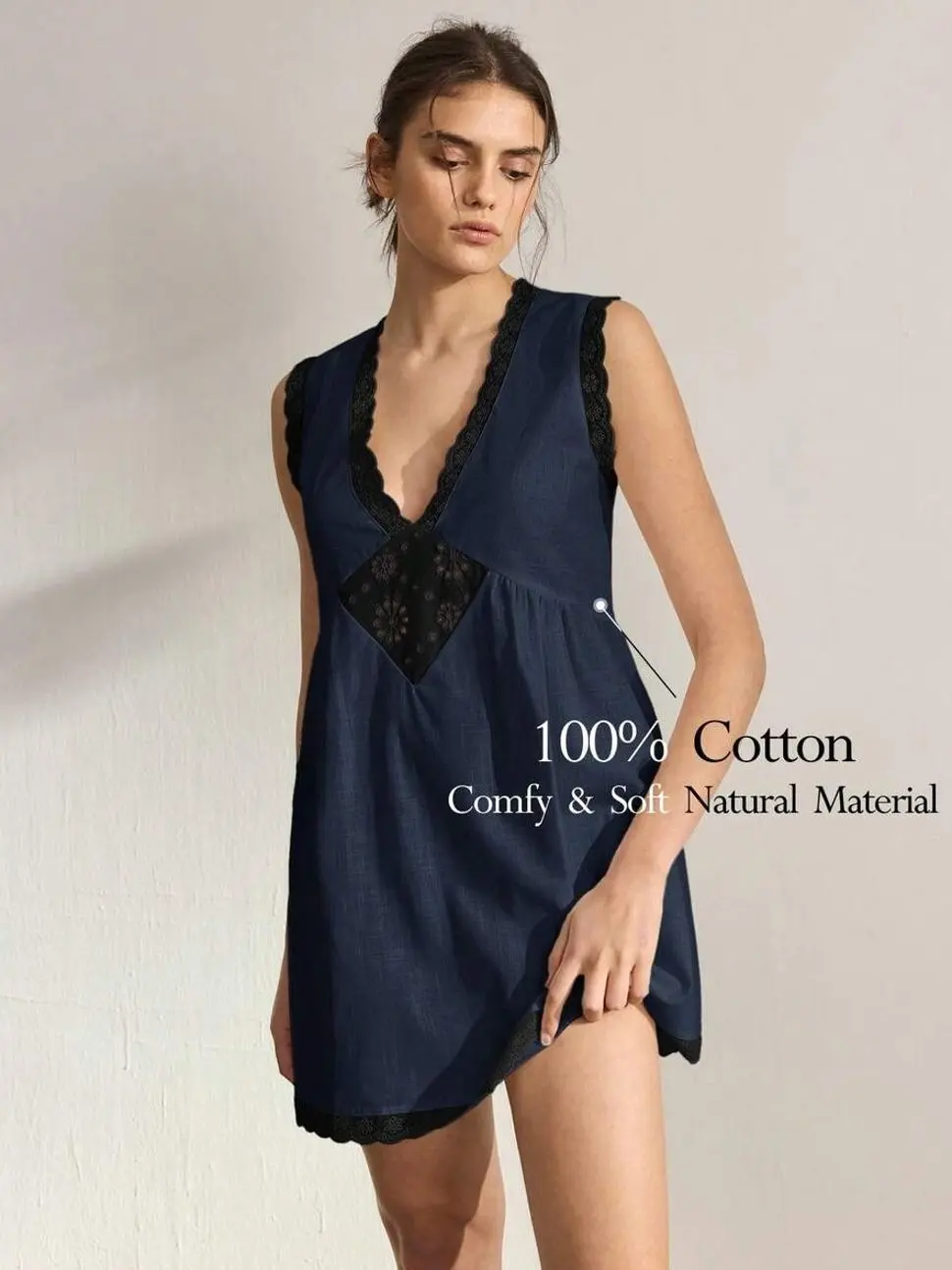 Ocili 100% Cotton Embroidered Comfortable Sleeveless Dress/Short Nightgown, Chic Autumn Loungewear