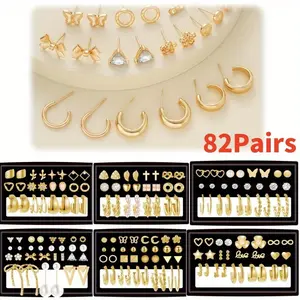 82 Pairs Gold Earrings for Women Trendy, Pearl Bow Small Hoop Stud Earrings Pack, 14k white