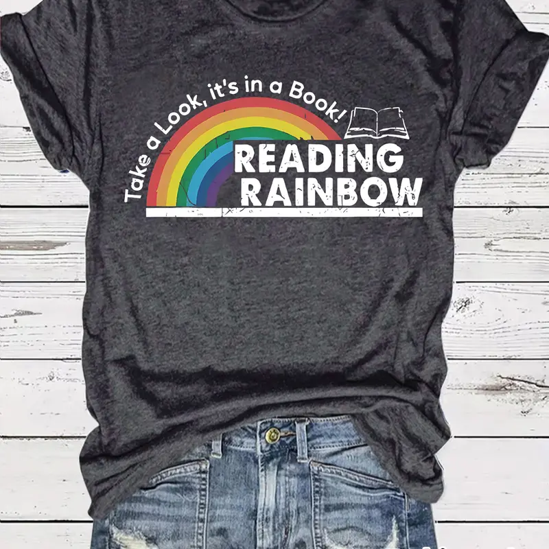 Women's Graphic Print Book Lover T-Shirt, Printed Rainbow & Books Design, Short Sleeve Round Neck Summer Casual Fitted Top, Medium Stretch