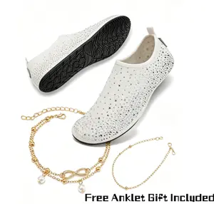 Women's Rhinestone Shiny Fashionable Soft-Soled Water Shoes - Free Anklet with Order, Barefoot Wading Shoes, Non-Slip Beach Pool Slides for Swimming & Surfing, Indoor/Outdoor Travel Slippers, Watershoes