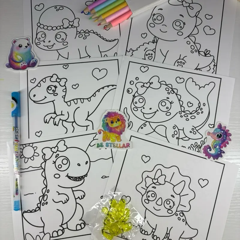 Tiny Artist Coloring Kit – Girlie Dino Edition | Cute Dinosaur Coloring Pages with Markers, Stickers & Surprise Fidget Toy | Bold & Easy Coloring for Kids & Adults