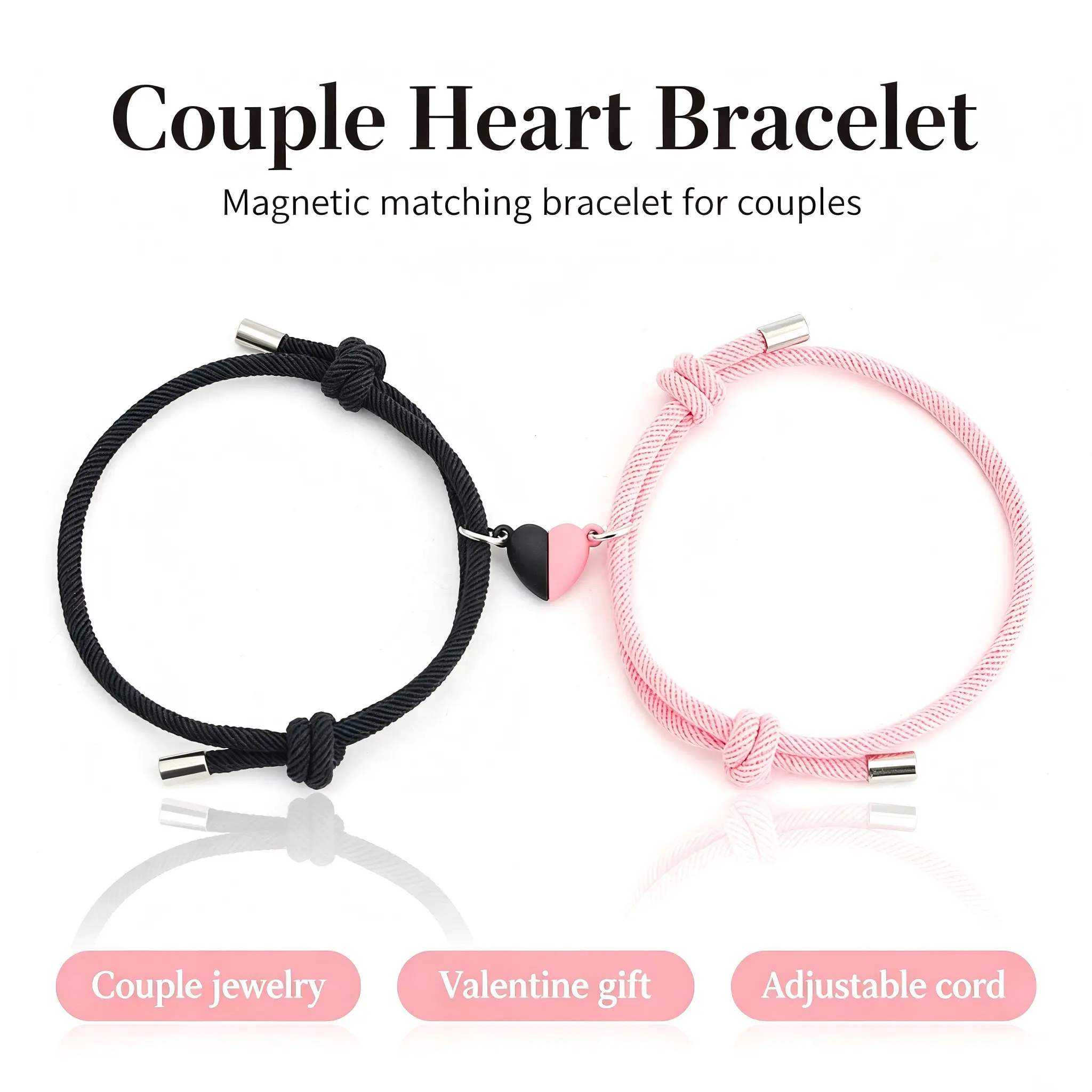 Unisex Heart Shaped Matching Couple Bracelet Set - Adjustable Red & Black Rope Jewelry with Pink Charm, Trendy Fashion Accessory, Valentine Gift for Her, Matching Heart Bracelets, Couple Bracelets Adjustable Strap Bracelets
