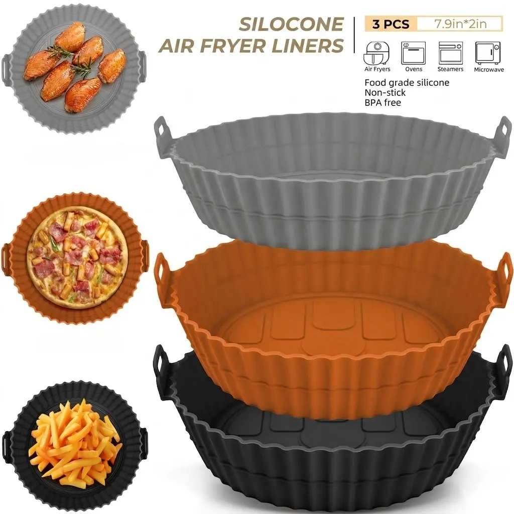 3-Pack 8 in Food-Grade Air Fryer Liners, Silicone Surface Wipes Clean Fast Airfryer Pot Accessories with 3-Pack Convenience, Mess-Reducing Cleanup, Non-Flammable Parchment Paper Replacement