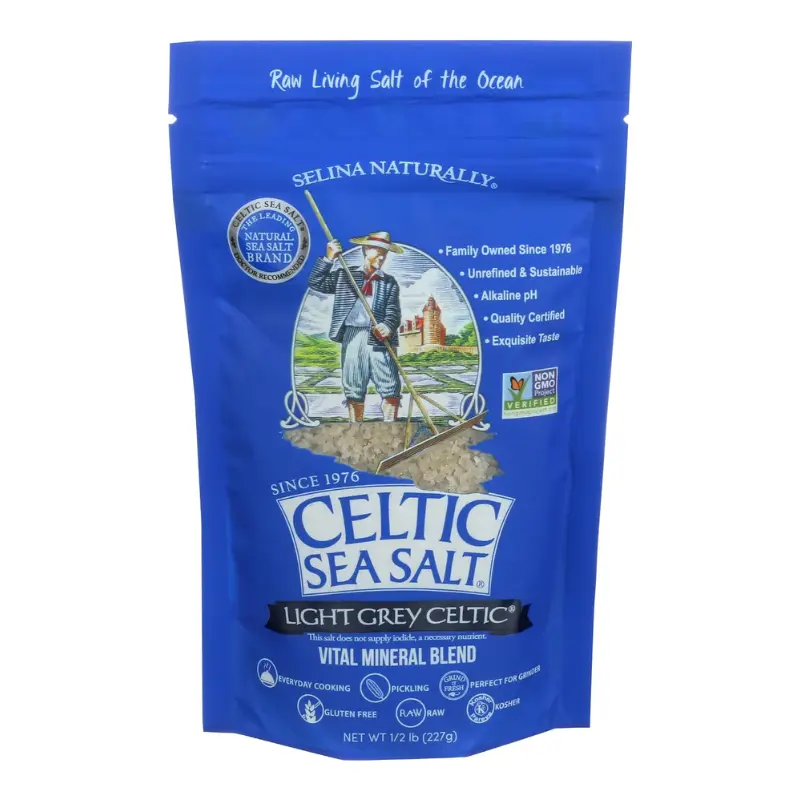 Celtic Sea Salt, Light Grey Pouch, 8 oz , Salt , Grinder Use – Resealable Bag - Cooking, Finishing, Hydration
