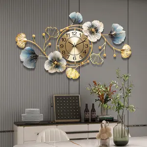 37x20in Luxury Large Metal Wall Art, 3D Silent Wall Clock, Retro Gold Ginkgo Leaf Design, Non Ticking Decoration Clocks, Creative Wall Hanging Sculpture for Bedroom Kitchen Decorative Wall Clocks Adjustmentable Horizontally and Vertically）