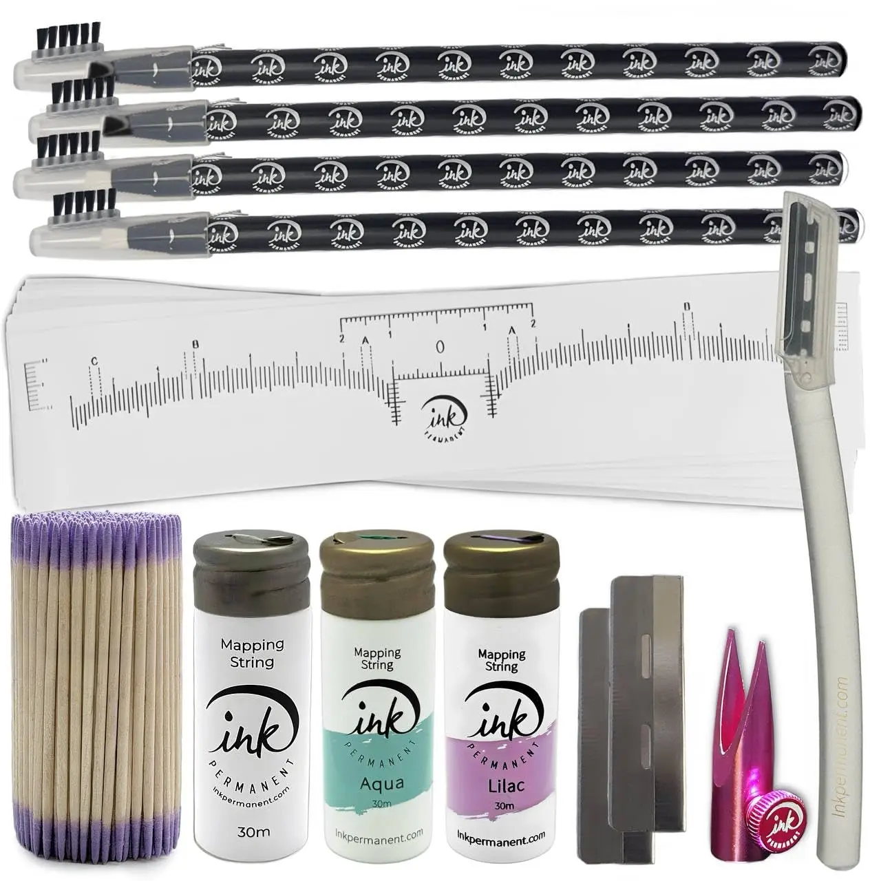 Eyebrow Mapping Kit with White, Lilac, and Aqua Mapping String, [100ft/ 30m],Peel Off Shaping Pencil Set with Eyebrow Pencil Sharpener, Shaper, 10 Eyebrow Ruler and Face Razor