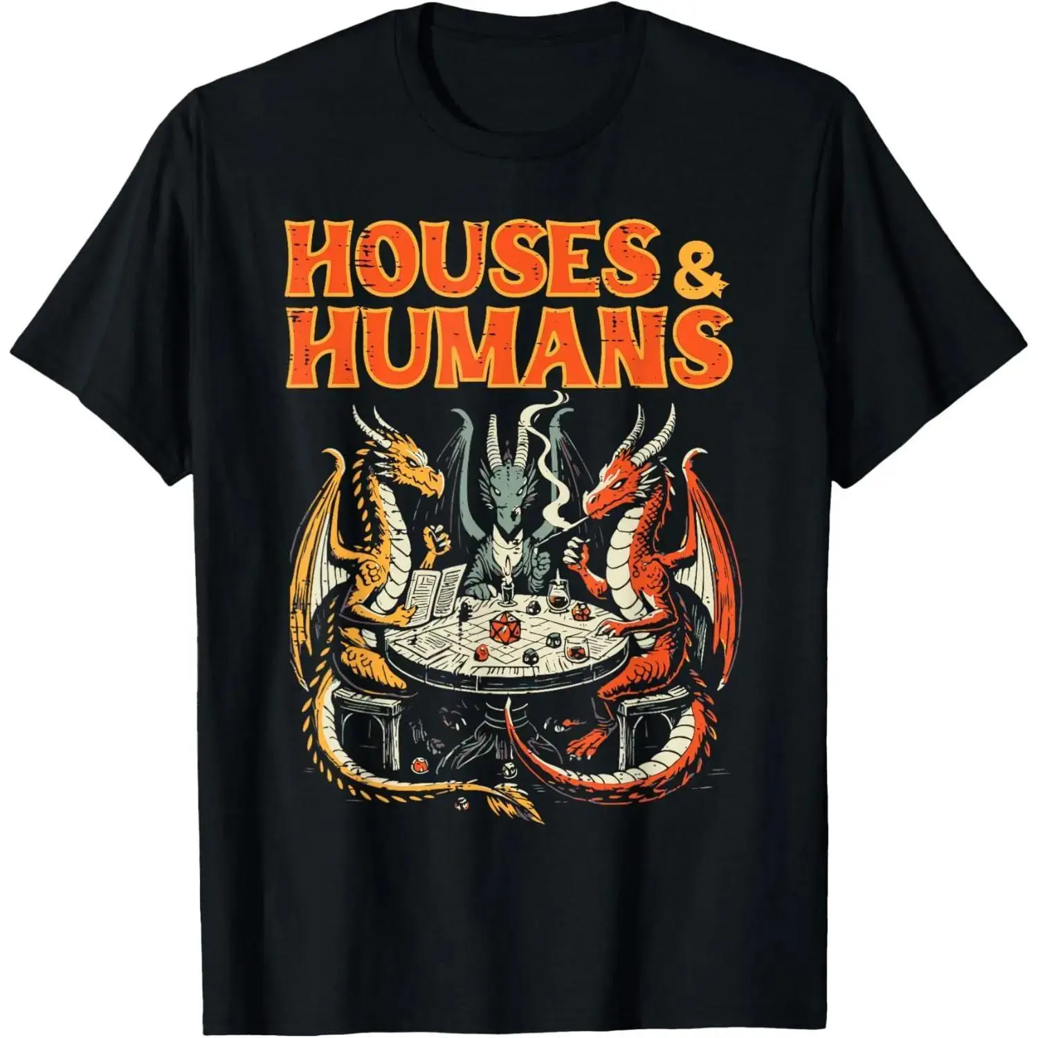 Men's Cotton Short-Sleeve Game-Themed Tshirt, Crew Neck Dragon Print Graphic Top for Fantasy Fans, DnD Tabletop Game Houses & Humans Art, Casual Cosplay Streetwear