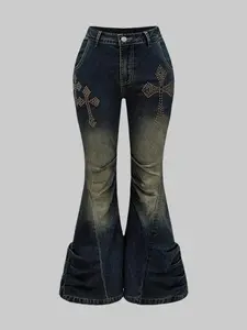 Plus Size Flare Leg Denim Jeans with Rhinestone Accents Belt Detail Gradient Color Zipper Button Pocket Medium Stretch Grunge Punk Distressed Washed Cross-studded Avant-garde Style
