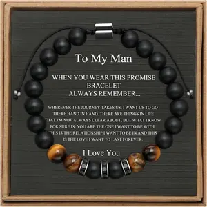 Mens Bead Bracelet for Boyfriend Husband Adjustable 8mm Tiger Eye & Black Matte Agate Beads Promise Gift