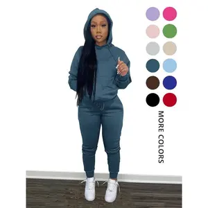 Women'sSolidDropShoulderHoodie&DrawstringWaistPantsTwo-pieceSet,CasualStyleFashionCozyHoodedSweatshirt&TrousersforDailyOutdoorWear,ComfortableWomen'sClothingforFall