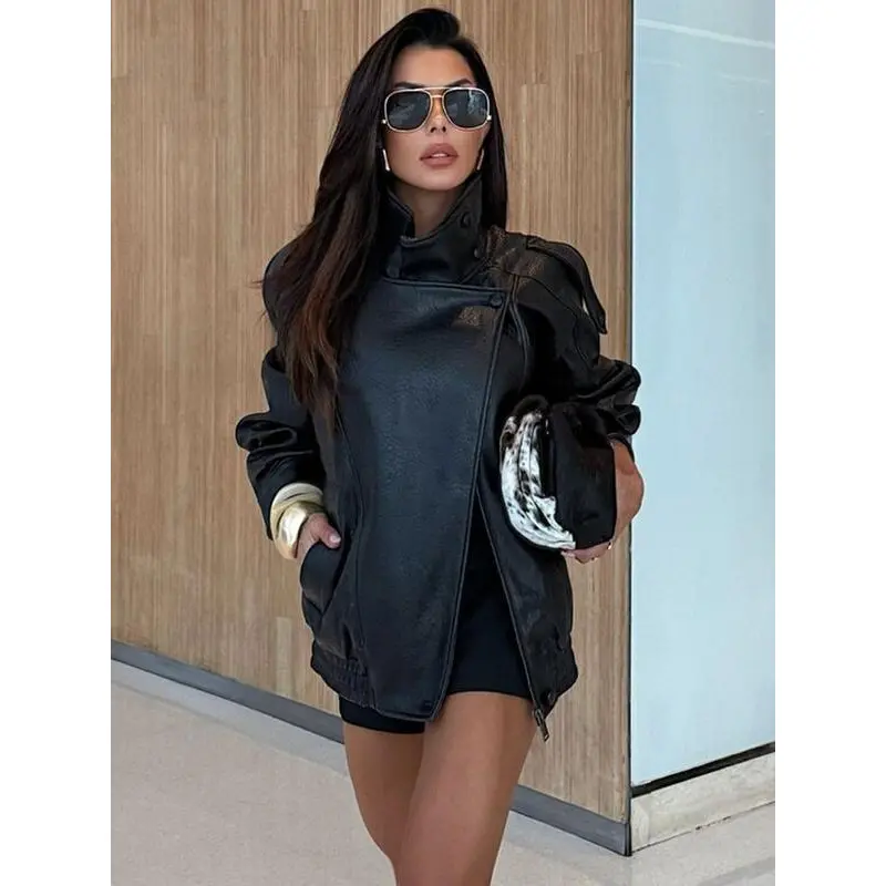 Women's Faux Leather Moto Biker Jacket - Baggy Oversize Basic Casual Longsleeve Outerwear with Stand Collar and Elastic Hem, Tops, Solid, Coats, Plain
