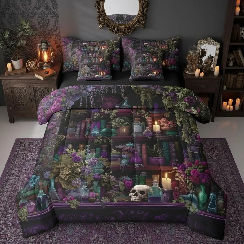 Gothic Skull 7 Piece Bedding Set Vintage Witchy Comforter Set with Sheets Spooky Magic Bookshelf Bed in a Bag Black Retro Wizard Mysterious Cool Bed Sets Comforter
