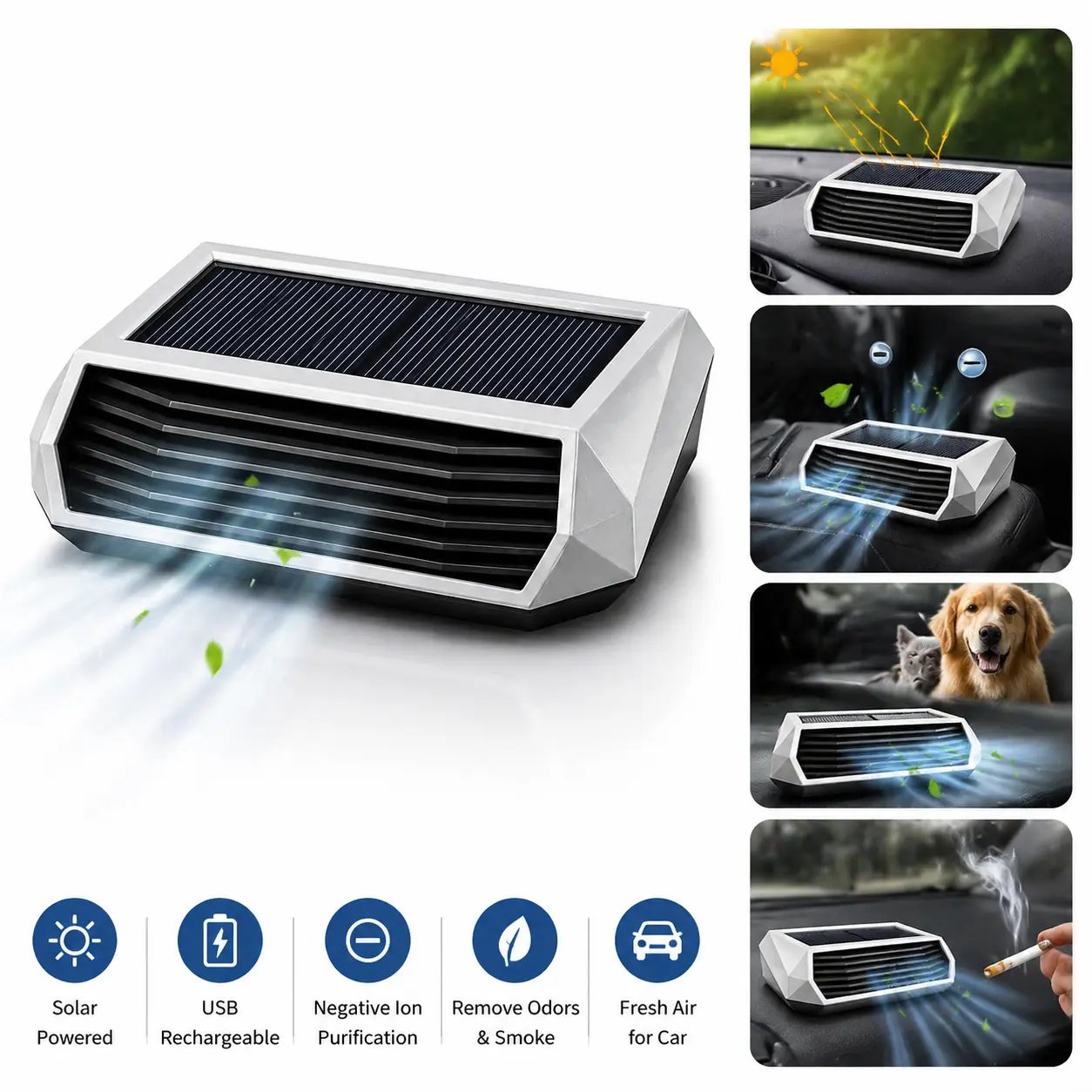 Solar Car Air Purifier, USB Rechargeable Portable Ionizer, Odor Remover for Smoke, Pet Smell & Fresh Air Cleaner for Car Interior # SummerVibes