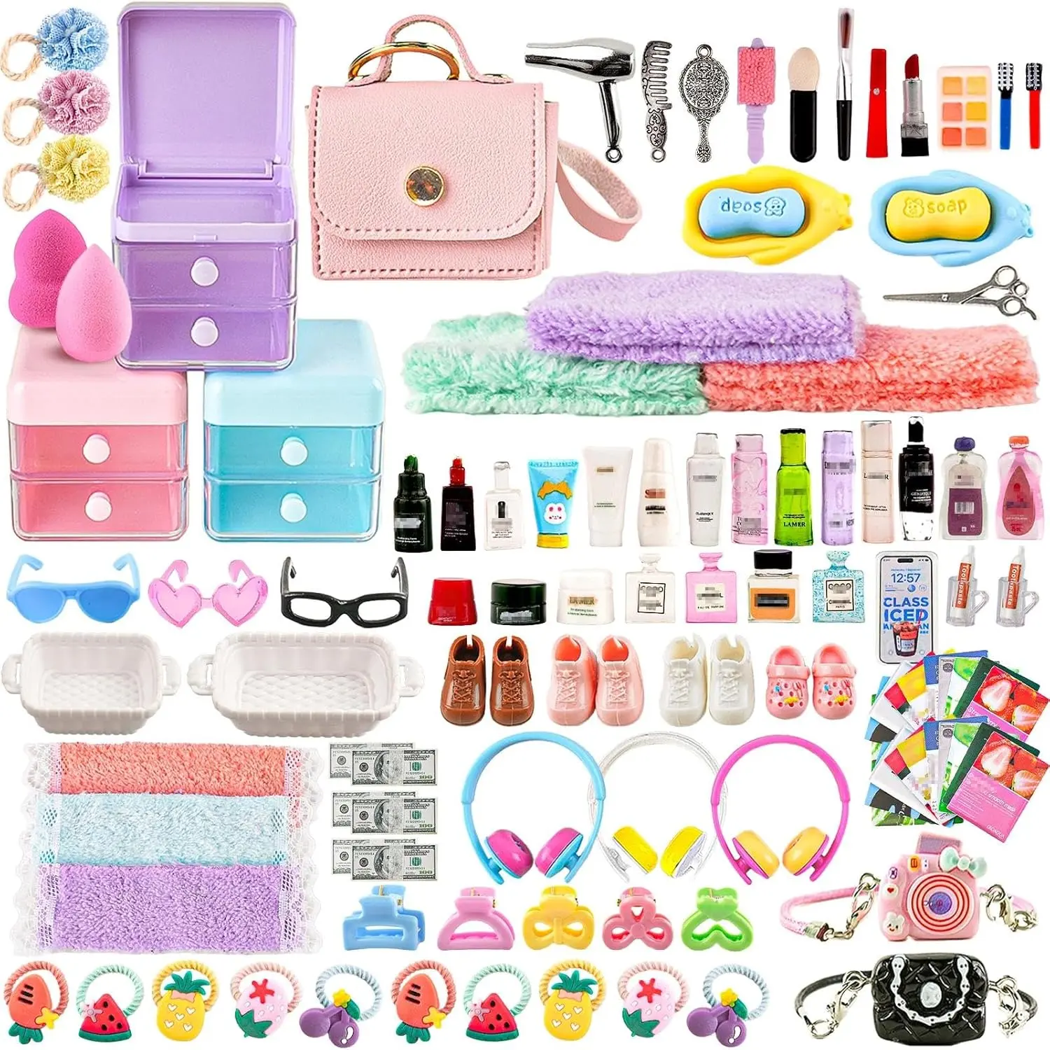 116Pcs Plastic Miniature Dollhouse Accessories Set - Makeup Tools, Bathroom Toiletries, Multi-Use Bags, Shampoo, Hair Dryer, Cosmetic Brush, Jewelry Box for DIY Decor, Halloween Fall Gifting (Toys & Hobbies Doll Houses & Playsets), Birthday, Cash, Hair To