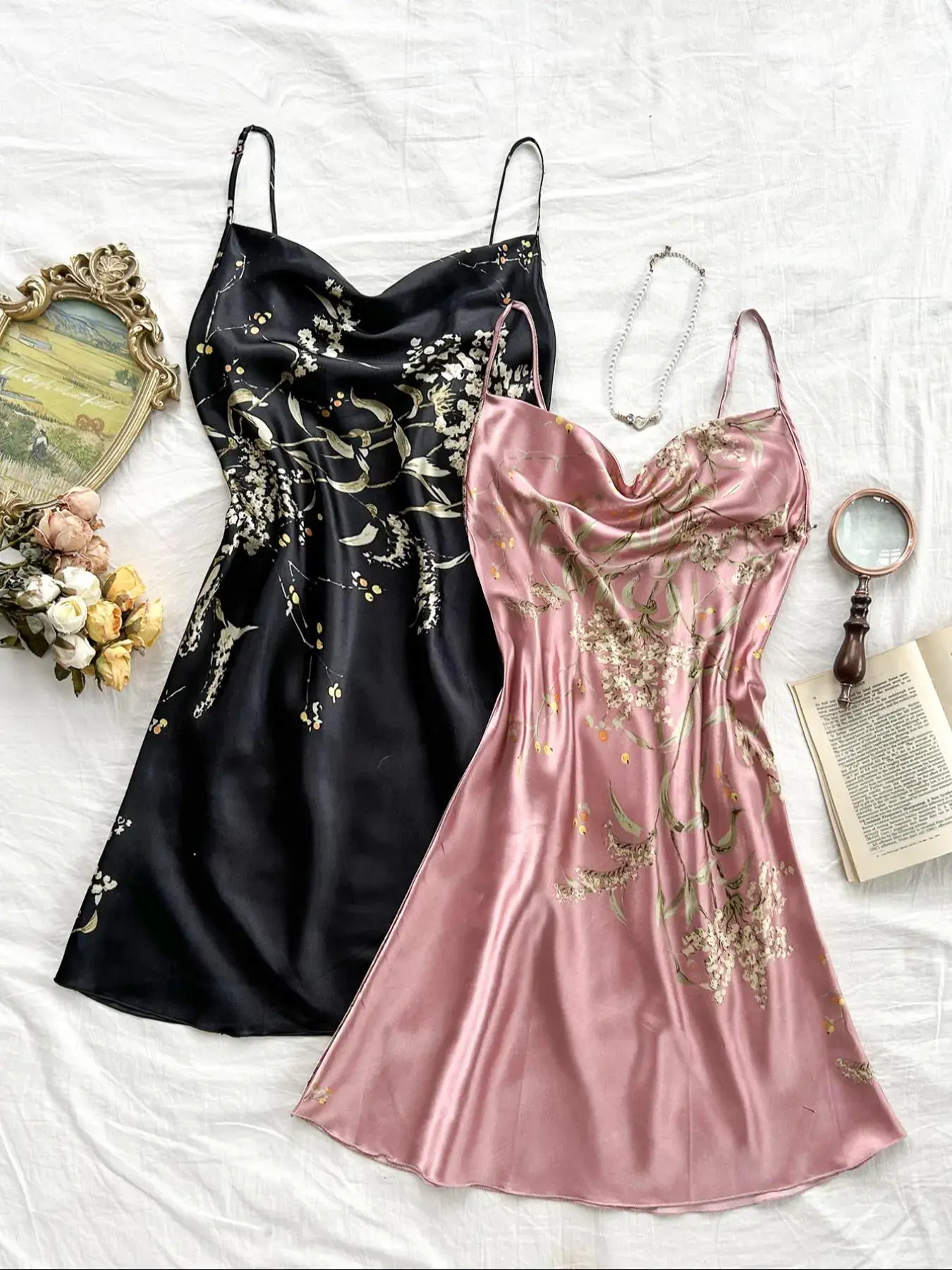 Women’s Stretch Satin Woven Cherry Floral Print Cami Nightdress - Adjustable Spaghetti-Strap, Fitted Draped, Sleeveless, Soft Comfortable Aesthetic Sleepwear Loungewear, Adjustable Strap