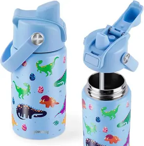 【Yawbay】 Kids Water Bottle for School 12 oz Stainless Steel Insulated Dinosaur Design with Pop-Up Straw-Cap for Toddlers Boys Girls Portable Drinkware Tumbler Gift Reusable Tumbler