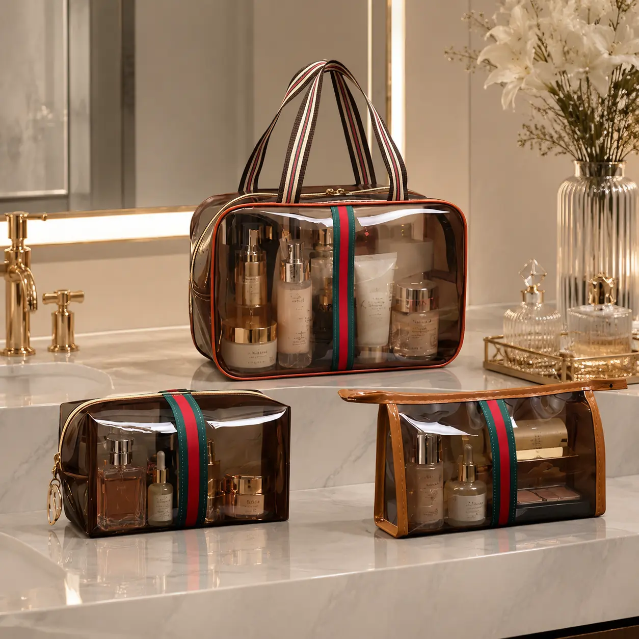 [3 Sets] Makeup Bag Storage Bag New Retro Vintage Large Capacity Makeup Organizer for Women, LadiesTravle Storage Case, Portable Skincare Storage Case Brown