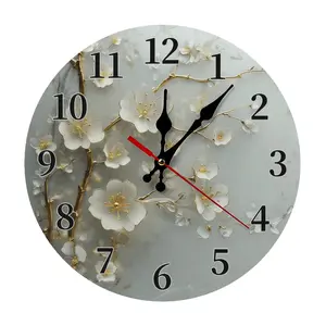 12 Inch Vintage White Plum Blossom Wall Clock | Silent Sweep Movement Golden Branch Design, Battery Not Included, Ideal for Office, Entryway, Spa, Meditation Room