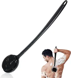 Silicone Bristle Back Scrubber for Shower, 17in Long Handle Hanging Body Brush, Double-Sided Exfoliating Massage Tool with Rich Foam Production, Men’s Bath Accessory