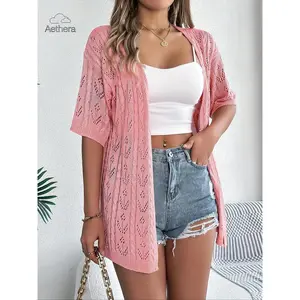 Women's Plain Hollow Out Sheer Drop Shoulder Cardigan, Casual Half Sleeve Open Front Knitwear for Summer, Fashion Women's Knit Clothing for Daily Wear