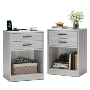 Sikaic 2Pcs Nightstand Set with Charging Station Modern Bedside Table 2 Drawers & Open Shelf for Bedroom Grey 13.8"D x 15.8"W x 23.6"H