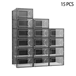 Shoe Boxes, 15pcs Shoe Organizers, Stackable Clear Plastic Shoe Boxes, Suitable for Closets And Sneakers, 13.1 X 5.5 X 9.2 Inches, Fits Up to US Size 9.5, White And Black.