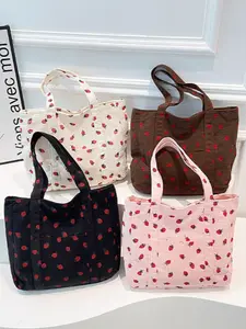 Women's Bohemian Style Corduroy Tote Bag with Strawberry Print, Large Capacity Shoulder and Crossbody Bag for Daily Use and Parties, Perfect Valentine's Gift for Camping and Shopping, Strawberry Themed Bag