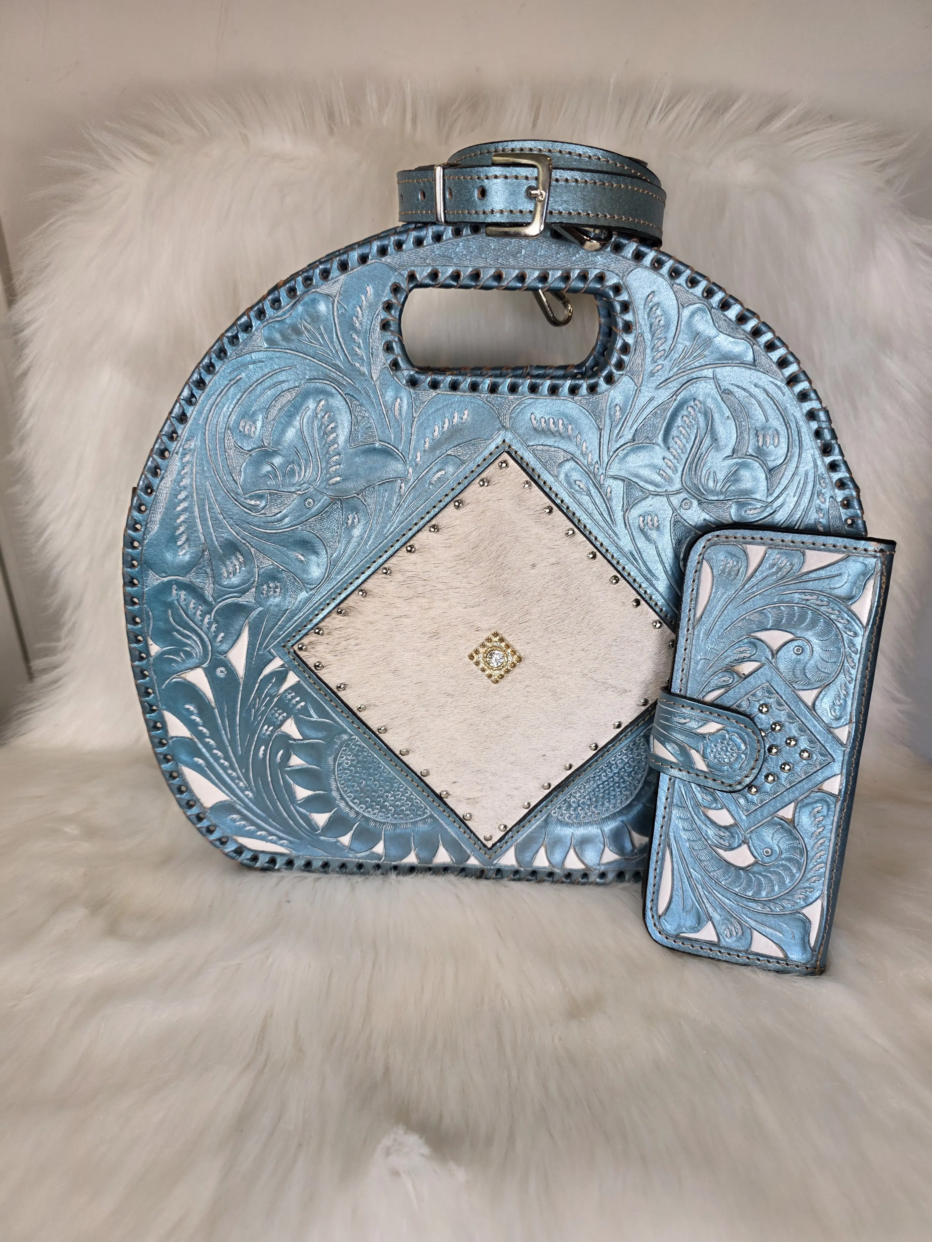 Paris Hand Tooled Leather with cowhide crossbody bag with matching wallet