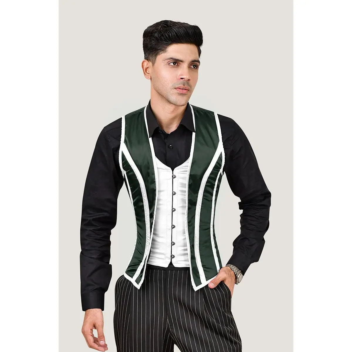 Green & White Satin Male Corset Vest