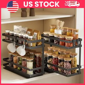Pull Out Spice Rack Organizer for Cabinet, 2 Pack Metal Seasoning Storage Shelf, 2-Tier Pullout Rack for Kitchen and Bathroom, Drill-Free Installation, Rust Resistant, Vertical Slide Out Spice Organizer, Pantry Storage, Home Organization