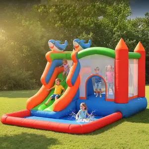 5-in-1 Bounce House with Slide, Obstacles, Ball Pit & Basketball Hoop, Heavy Duty Outdoor Play Center with Basketball Hoop, 153 Inch, for Backyard Birthday Party