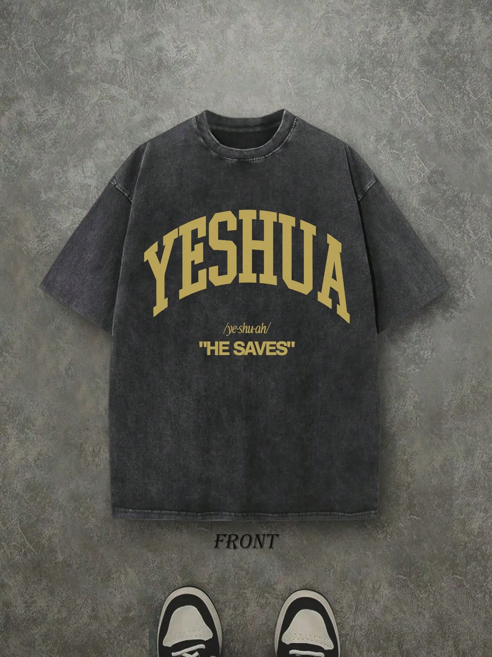 Vintage Yeshua "He Saves" Christian T‑Shirt, Gold Varsity Letter Washed Black Cotton Oversized Short Sleeve Tee, Retro Faith‑Based Casual Crewneck Shirt