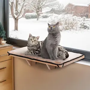 [5-year warranty] PETSFIT 2 Cats Design Window Perch, Cat Hammock Window Seat with Natural Wood &Removable Fleece Mat for Large Cats, Easy to Adjust&Assemble Cat Bed for Windowsill, Bedside and Drawer Kitten Tower Home