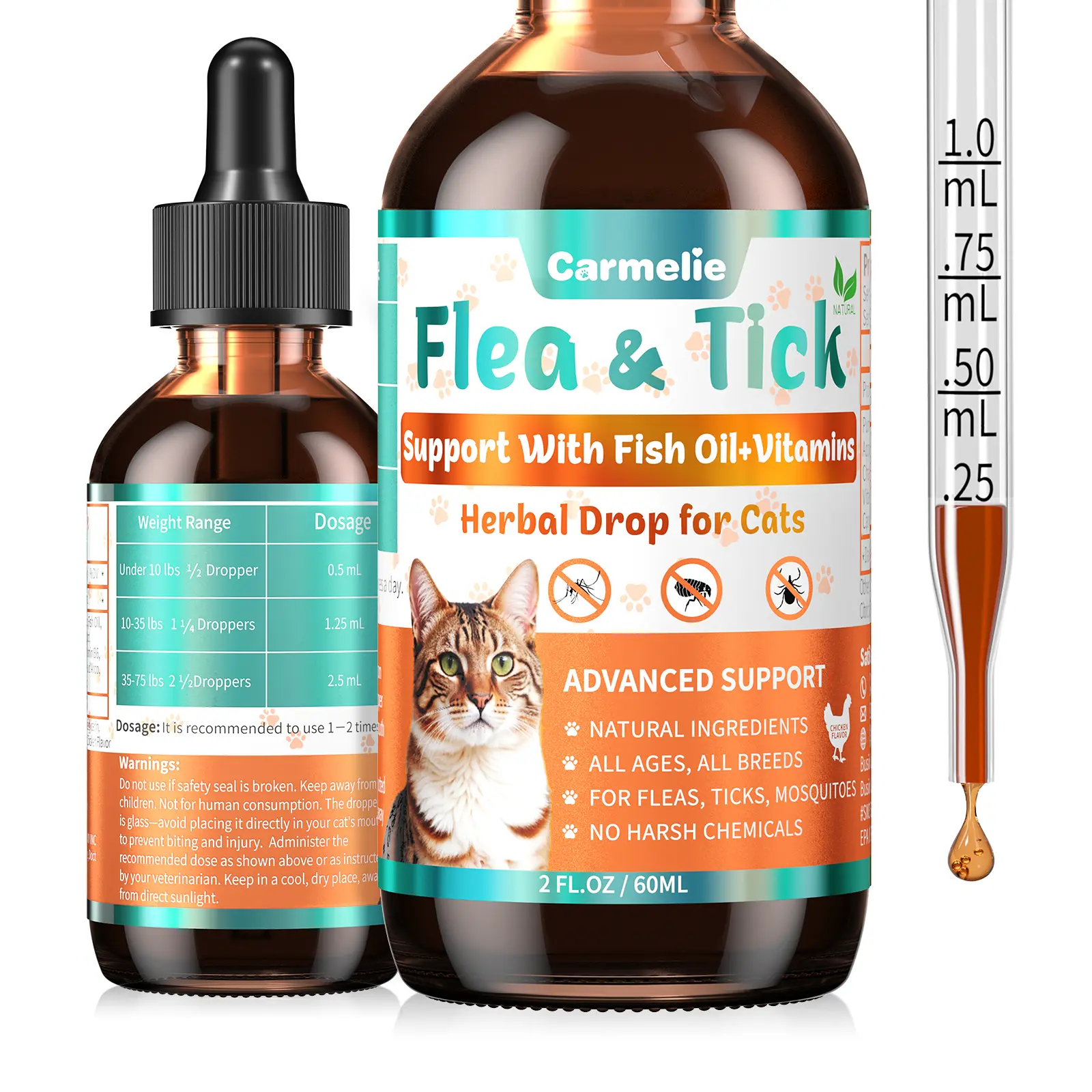 【Black Friday Deal】Carmelie Cat Herbal Drops for Outdoor Support – With Fish Oil & Vitamins, Chicken Flavoror All Ages