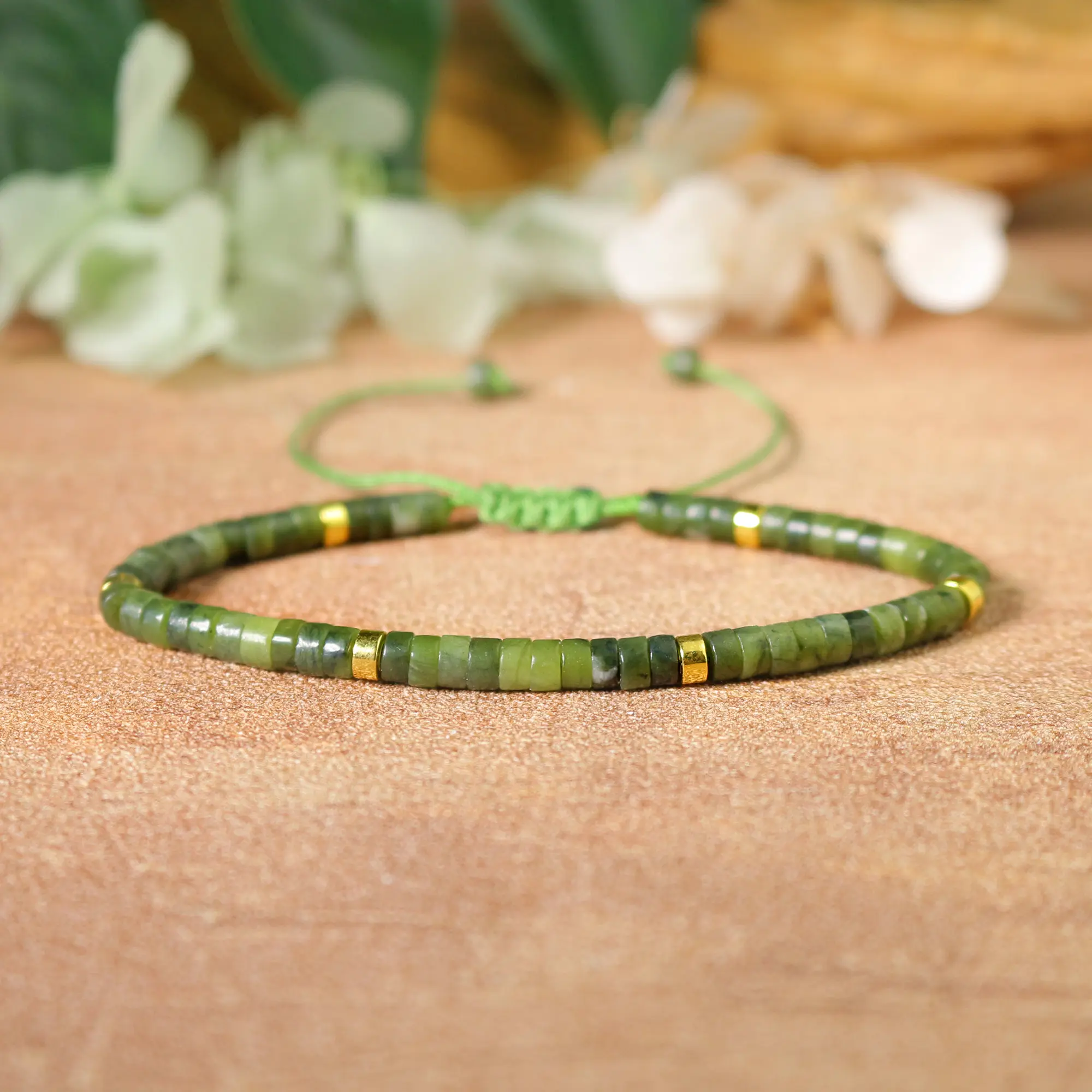 Handmade Natural Jade Olive-Tibetan Bead Gemstone Bracelet - Minimalist Vegan Leather Jewelry Accessory for Daily Wear, Bead Size:2*4mm, Promotes Peace, Calms Emotional Stress, Reiki Healing Crystal Anklet Option