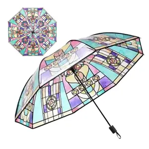Vintage Stained Glass Automa Umbrel lFoldable Hand-Painted Transparent Umbrella Stylish Design Folding Umbrella for Colleagues