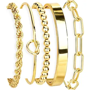 Gold Bracelets Set for Women Non Tarnish, 14K Gold Plated Sterling Silver Chunky Cuff Bracelet Stackable Gold Bangles Bracelet for Women Trendy Fashion Accessories Tie Knot Cuban Rope Paperclip Beaded Bracelet Stack Jewelry Valentines Day Gifts