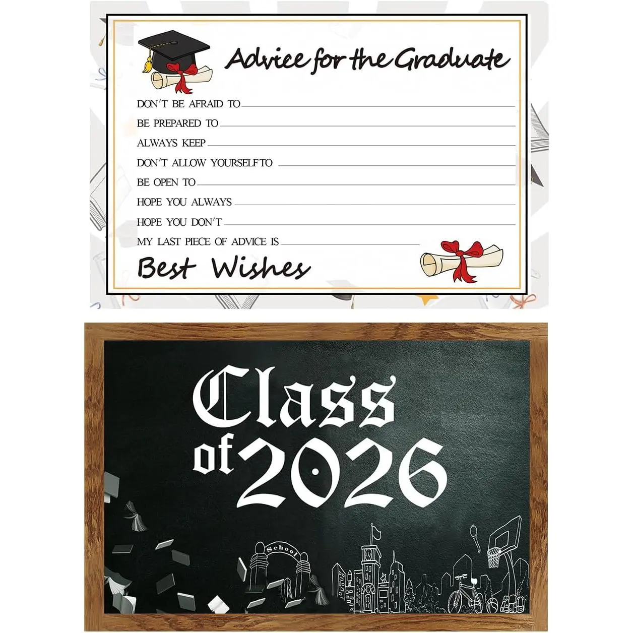 Graduation Wish Cards - 50PC Printed 4x6 in Heavyweight Matte Card Stock, High School Senior Party Supplies, 2026 Decorations for Students, Double-Sided Black-White-Gold Design, Graduation Party, No