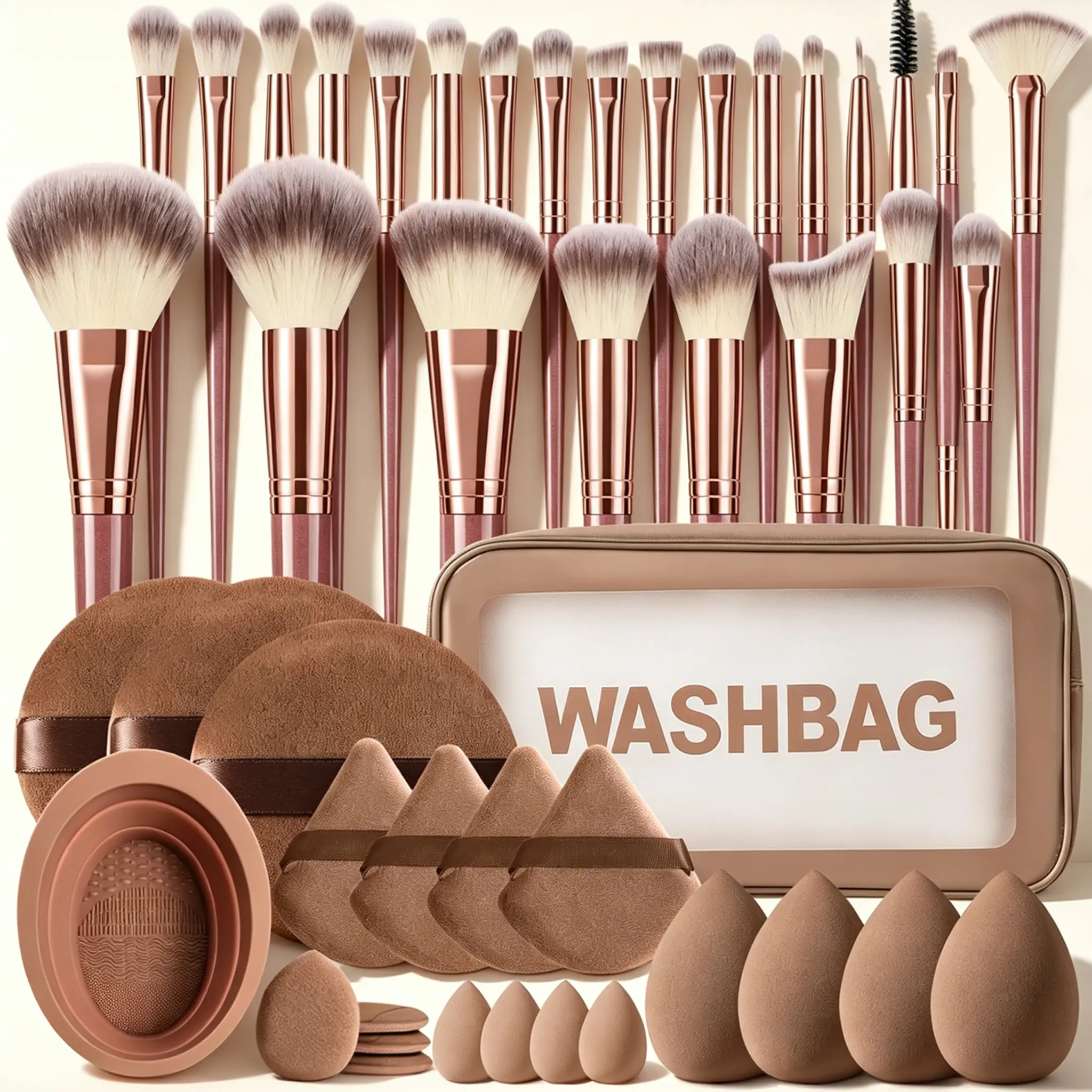 All-In-1 Makeup Tool Set - Rose Gold Ferrule, Soft Gradient Synthetic Brushes, Face Fan, Eyelash Brush, Brown Beauty Sponges, Triangle Finger Powder Puffs, Silicone Cleaning Bowl, Wash Bag - Complete Kit for Daily Use & Travel