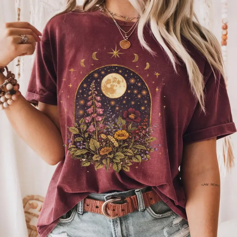 Comfort Colors Boho Celestial Moon TShirt, Spiritual Floral Graphic Tee, Mystical Botanical T-Shirt, Moon Phase Gift, Nature Inspired Gift