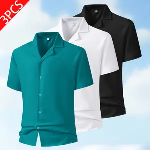 Men's 3 Pack Cuban Collar Shirts, Solid Color Button-Down Short Sleeve Tops in Teal, White & Black, Lightweight Breathable Casual & Resort Wear for Summer Vacation & Daily Wear outdoorfun    summer men clothes