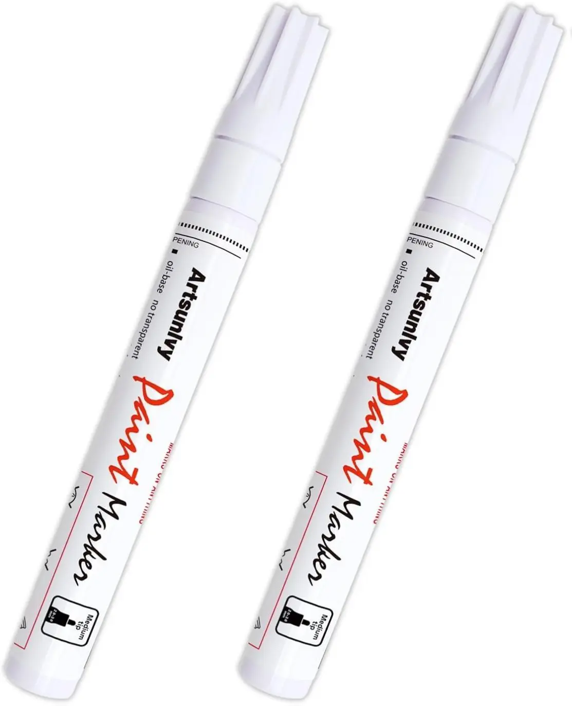 Oil-Based White Permanent Paint Pens - 2-Pack Medium Point Opaque Ink Waterproof Markers for Tire & Automotive Use, Arts and Crafts, Journals, Photo Albums, Calendars