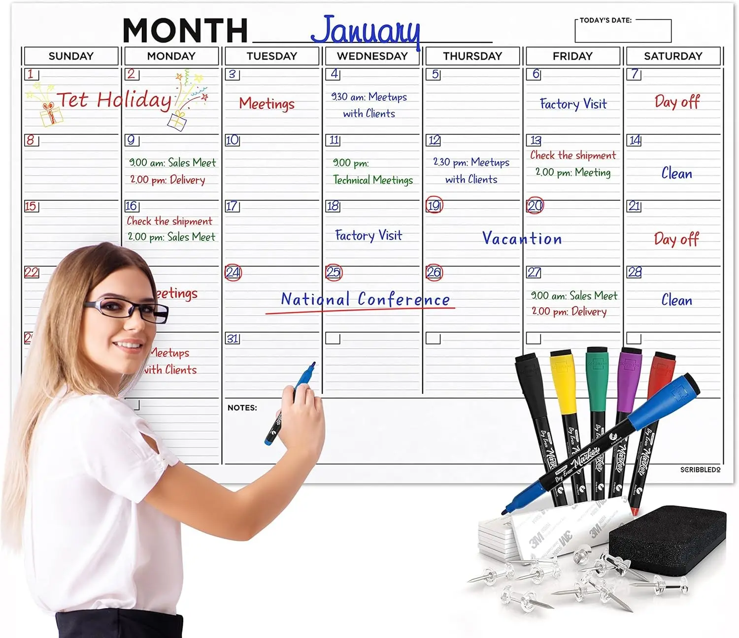 36"x48" Large Blank Dry Erase Monthly Wall Calendar Planner White Board Includes 6 Markers Eraser Push Pins & Mounting Tape