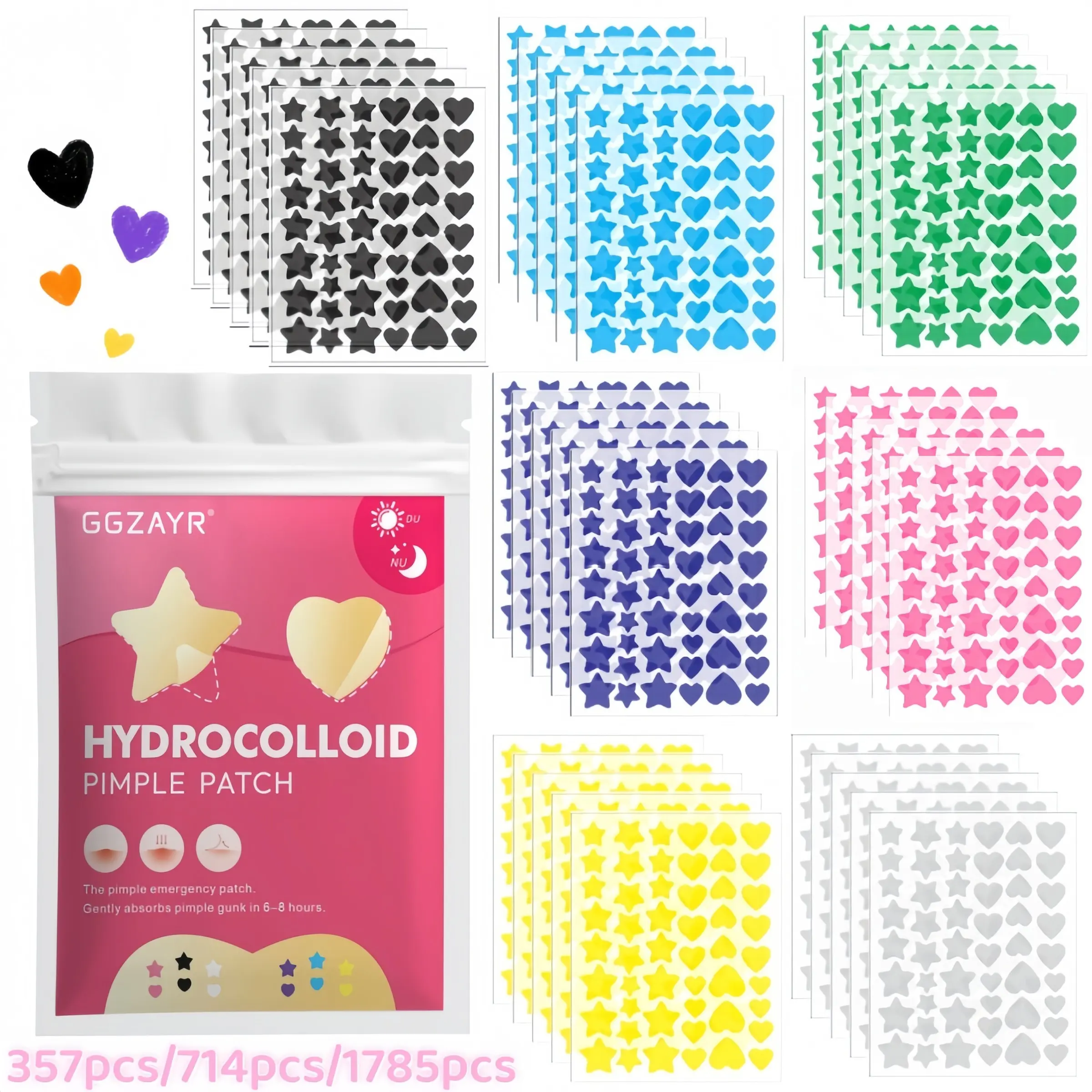 357/714/1785pcs Cute Star Heart Pimple Patches Acne Patches For Face Hydrocolloid Invisible Concealer Stickers Acne Spot Treatment Anti Blemish Facial Acne Spot Cover Patches Blemish Barrier Patches Breathable Comfort Skin Care